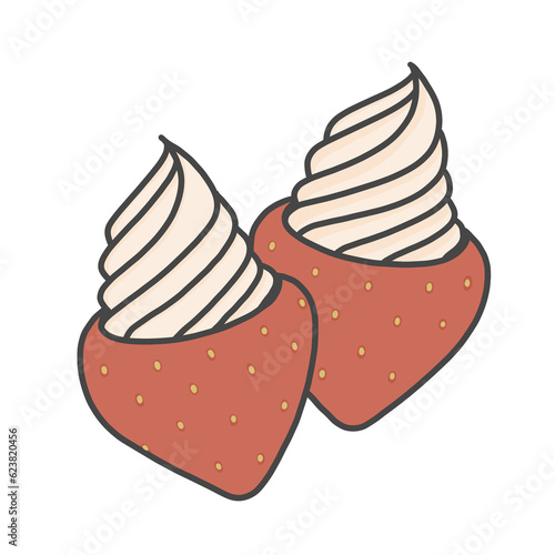 Two strawberries with whipped cream on top