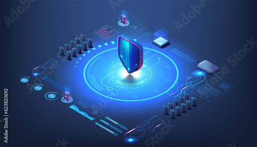Cyber security. Digital shield. Ransomware DDoS encryption. WAF protection. Isometric network information safety. Computer secure web system. Malware attack. Vector illustration concept