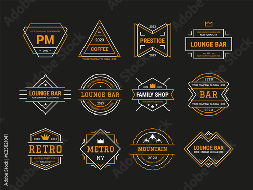 Logo badge. Hipster shapes. Modern diamond design elements. Retro art frames. Lounge bar. Company brand icon. Geometric emblems. Mountain travel. Metro symbol. Vector line stamps set