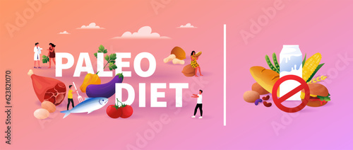 Paleo diet. Healthy lifestyle. Meat and vegetable. Paleolithic food banner. Fish and nut. Caveman nutrition. Doctor and happy persons. Dieting seafood with fruits. Vector illustration