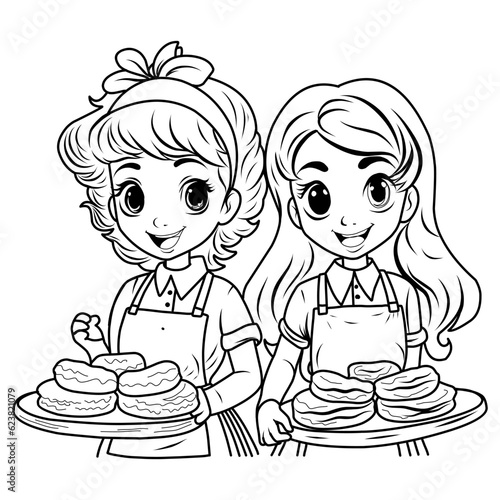 Coloring page Pancake day, Pancake race. Women run with plates of pancakes