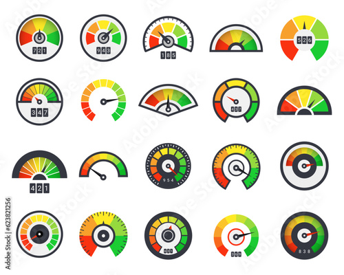 Speedometers set. Gauge, barometer and tachometer. Speed or fuel indicator, pointer, low and high. Interface design. Progress scale with arrow. Vector isolated measurement illustration
