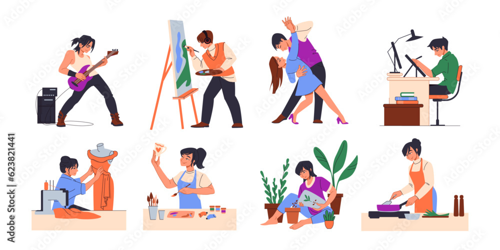 People hobby. Artist characters. Woman working with clay. Designer person and craft cook occupations. Musician and painter. Man author. Tailor or gardener. Creative art jobs vector set