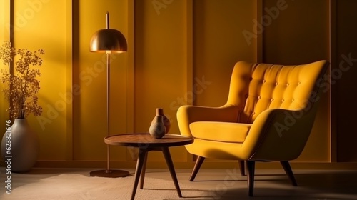 Tufted armchair and coffee table with a lamp near yellow wall generative ai