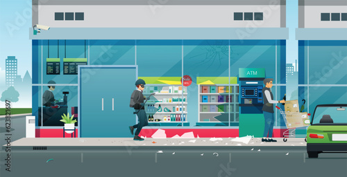 Thieves and homeless people break glass in a supermarket.