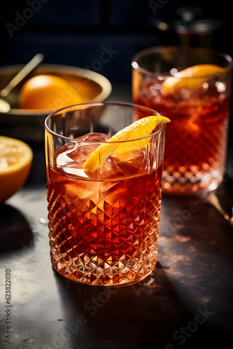 Drink Negroni in a bar environment. Alcoholic Cocktail