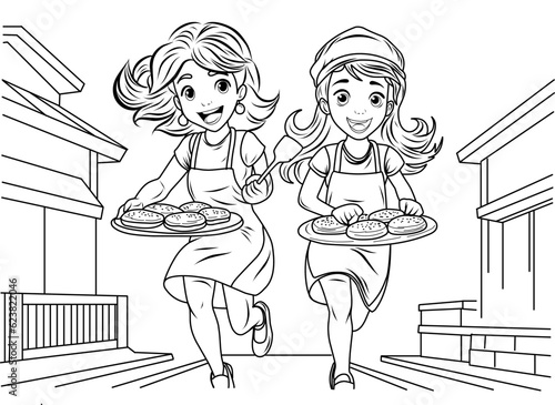 Coloring page Pancake day, Pancake race. Women run with plates of pancakes