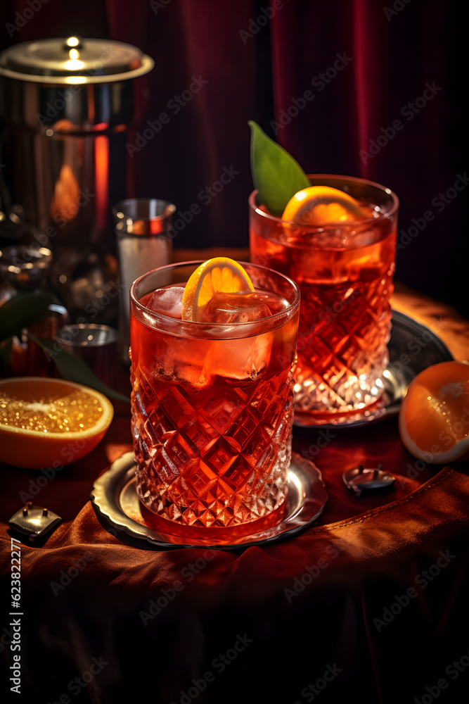 Drink Negroni in a bar environment. Alcoholic Cocktail Drink Negroni in a bar environment. Alcoholic Cocktail