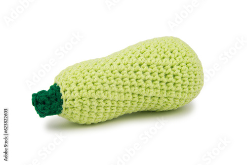 Artificial zucchini with green handles, knitted from thick yarn
