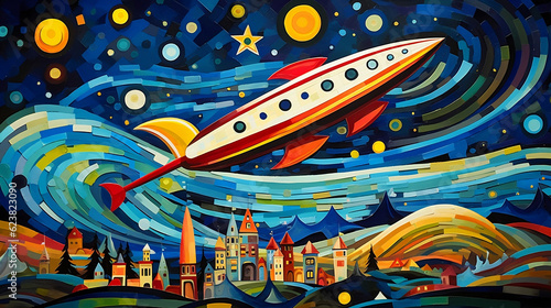 ai generated of starry night in style of vangogh with flying rockets and spaceships