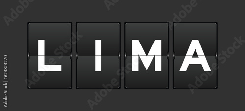 Black color analog flip board with word lima on gray background
