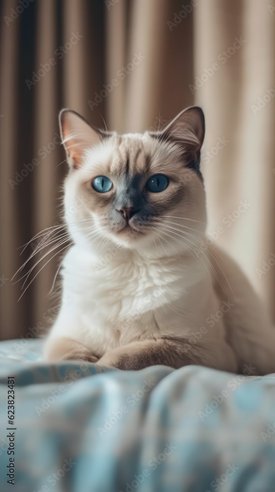 White Cat with Blue Eyes Sitting on Bed in Dark Beige and Sky Blue Style AI Generated