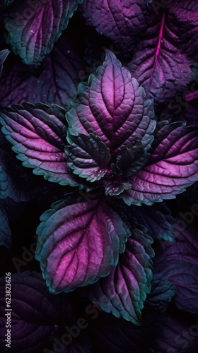 Purple Leaves on Black Background: Dark Emerald and Pink Snapshot Aesthetic AI Generated © AlexandraRooss