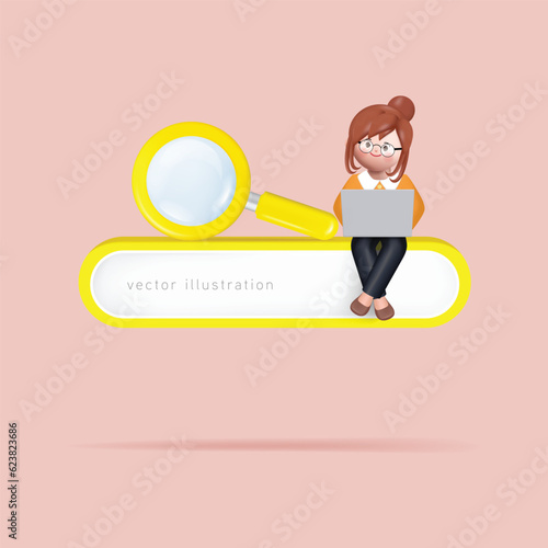 3D Render of Young woman Sitting on bar with working on her Laptop. Concept of web development and coding. 3D vector illustration