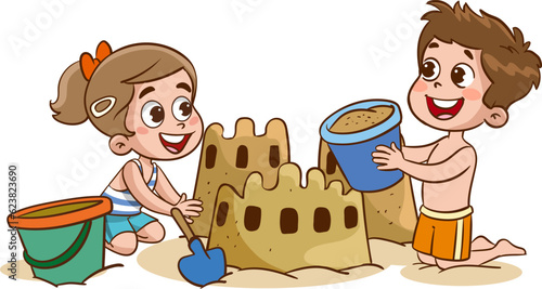 Children making sand castle at the beach
