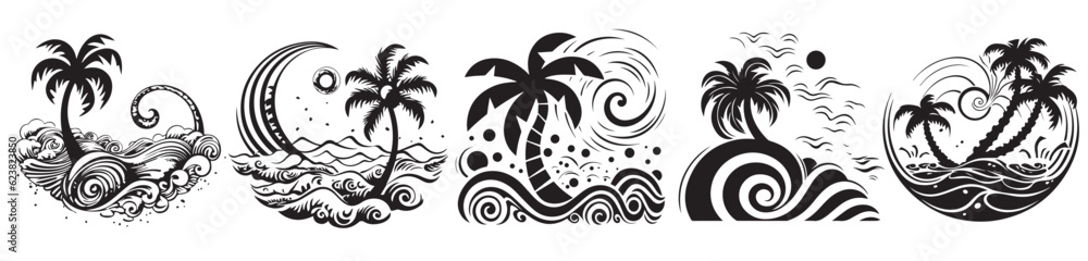 Palm trees, islands and the sea vector illustration silhouette laser cutting black and white shape
