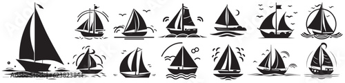Fotografia Boat, ship, sailboat black vector illustration silhouette laser cutting