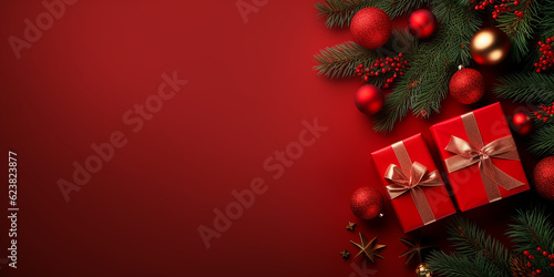 Merry Christmas banner with blank space for red background gift boxes fir tree branches, red ornaments with generative AI technology