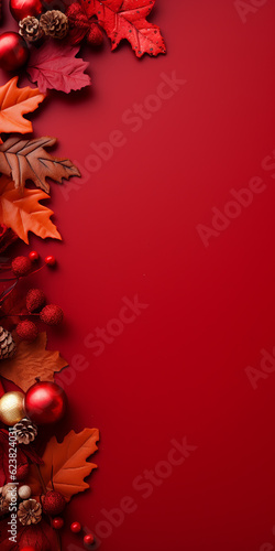 Merry Christmas banner with blank space for red background gift boxes fir tree branches, red ornaments with generative AI technology