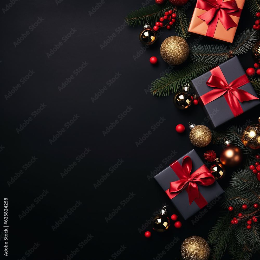 Merry Christmas banner with blank space for text top view black background gift boxes fir tree branches red ornaments with generative AI technology Merry Christmas banner with blank space for text top view black background gift boxes fir tree branches red ornaments with generative AI technology