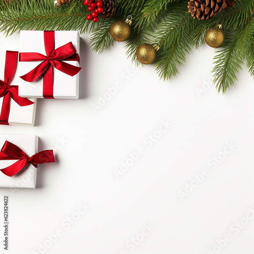 Merry Christmas banner with blank space for white background gift boxes fir tree branches, red ornaments with generative AI technology