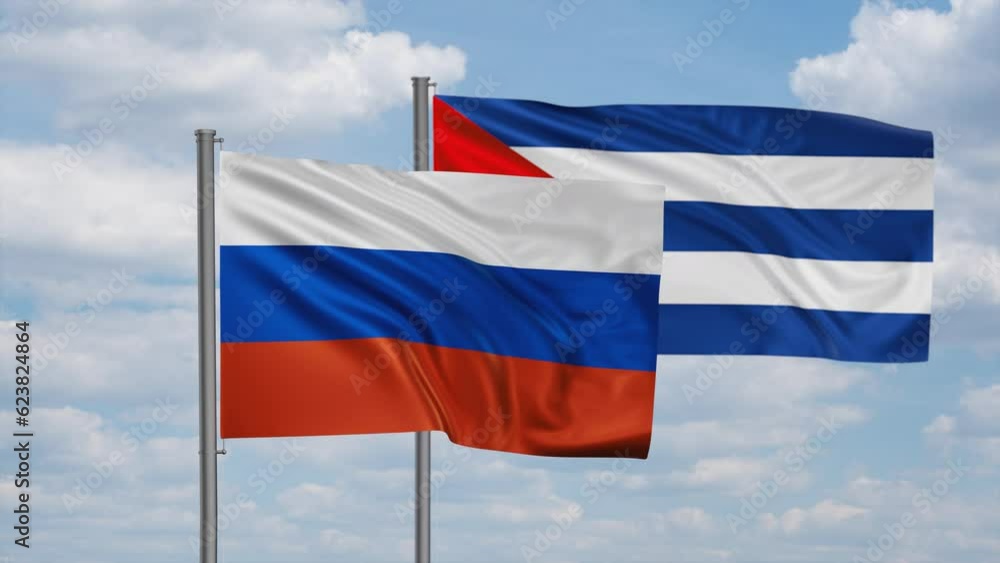 Cuba and Russia flag waving together in the wind on blue sky, cycle looped video, two country cooperation concept Cuba and Russia flag waving together in the wind on blue sky, cycle looped video, two country cooperation concept