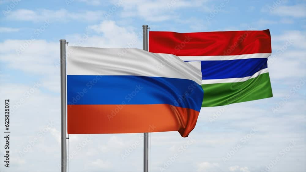 Gambia flag and Russia flag waving together on blue sky, looped video, two country cooperation concept Gambia flag and Russia flag waving together on blue sky, looped video, two country cooperation concept