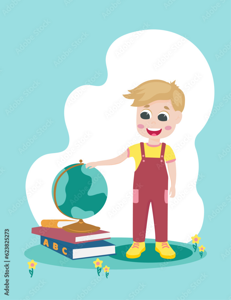 Boy with books and globe goes to school Boy with books and globe goes to school