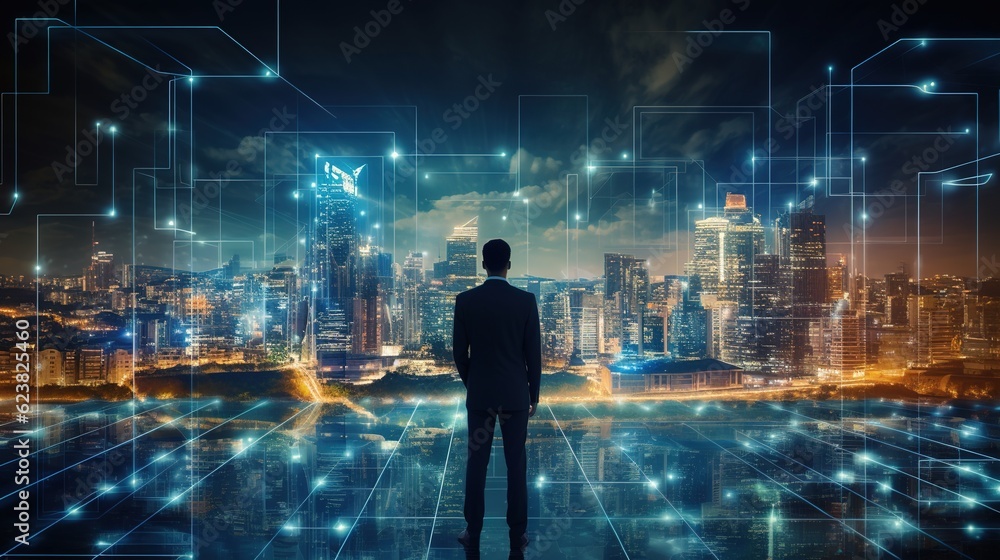 business technology, At night, a professional businessman walks on a future network city background with a futuristic interface graphic, with generative ai business technology, At night, a professional businessman walks on a future network city background with a futuristic interface graphic, with generative ai
