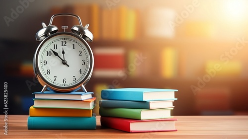 Metal alarm clock stands on top of a stack of colored books or notebooks on a wooden table on a blurred orange autumn library background with copy space, back to school concept, promo banner