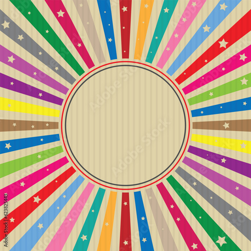 Colored vintage sunburst background with stars and colored circle