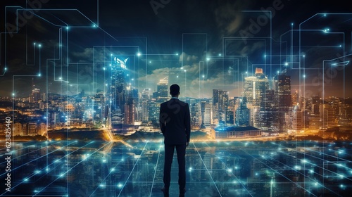 business technology, At night, a professional businessman walks on a future network city background with a futuristic interface graphic, with generative ai