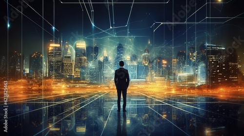 business technology, At night, a professional businessman walks on a future network city background with a futuristic interface graphic, with generative ai © WS Studio 1985