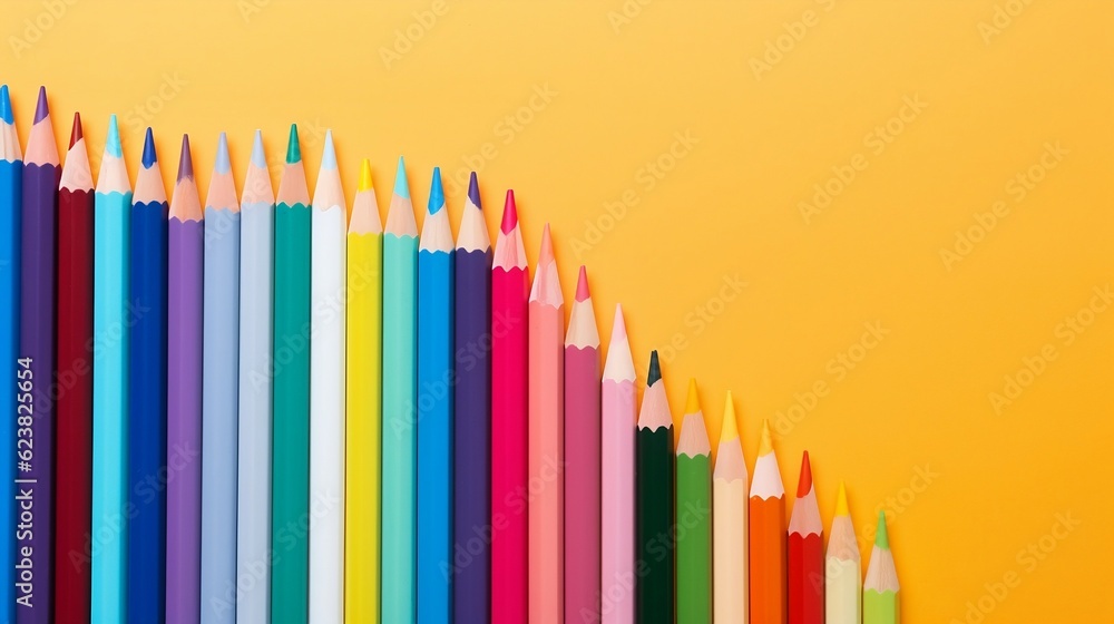 Back to school concept, sharp rainbow pencils lie diagonally isolated on yellow background with copy space, top view, flat lay, teacher's day promotion banner Back to school concept, sharp rainbow pencils lie diagonally isolated on yellow background with copy space, top view, flat lay, teacher's day promotion banner