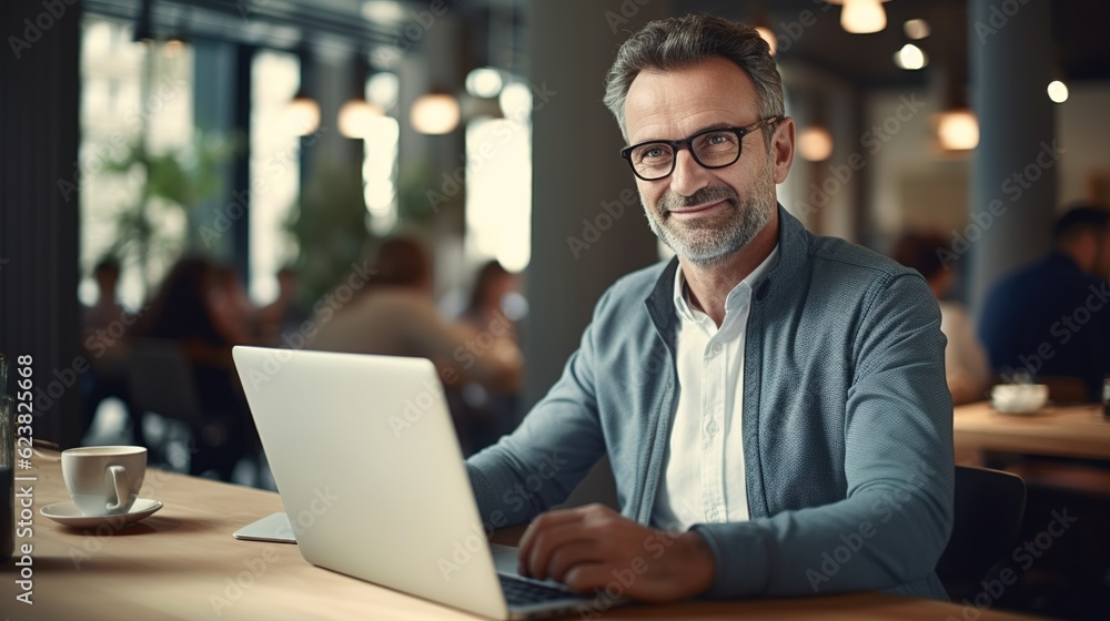 Confident Man Working on Laptop in Cafe: A middle-aged man with glasses sits at a cafe table, confidently working on his laptop. He smiles warmly at the camera. Confident Man Working on Laptop in Cafe: A middle-aged man with glasses sits at a cafe table, confidently working on his laptop. He smiles warmly at the camera.