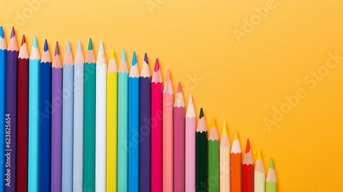Back to school concept, sharp rainbow pencils lie diagonally isolated on yellow background with copy space, top view, flat lay, teacher's day promotion banner