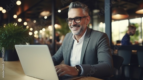 Confidently Focused: A mature businessman with a warm smile and steely gaze, works on his laptop at a cafe. He wears a grey suit and glasses, with a sleek watch on his wrist.