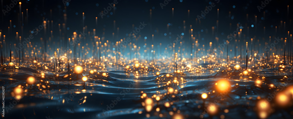 Golden glowing water drops on water with dark night sky, generative AI Golden glowing water drops on water with dark night sky, generative AI