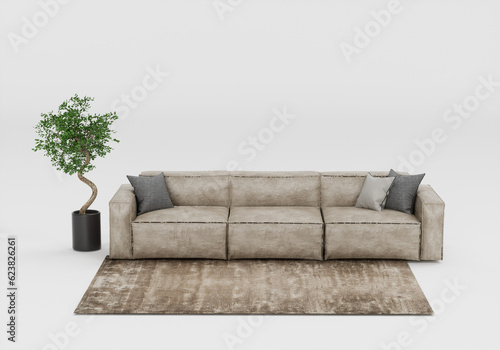 Sofa and plant isolated on white background, 3d render