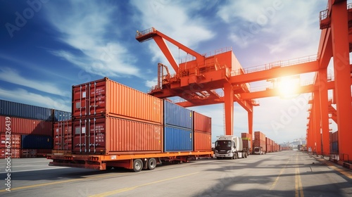 container stacker crane raises a stacking container box in the yard. Container loading cargo freight in an import and export logistics firm, Industry logistics, with generative ai photo
