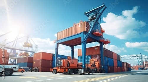Container stacker crane lifting up stacking container box in yard, Container loading cargo freight in import and export business logistic company, Industry logistic, with generative ai