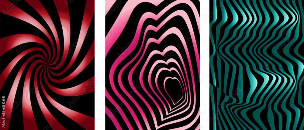 Fototapeta premium Set of Groovy Hippie Neon backgrounds. Sun Burst, Waves, Swirl, Twirl, Heart pattern with line, square. Twisted and distorted vector texture in Trendy Retro Psychedelic style. Y2k Vector aesthetic. 