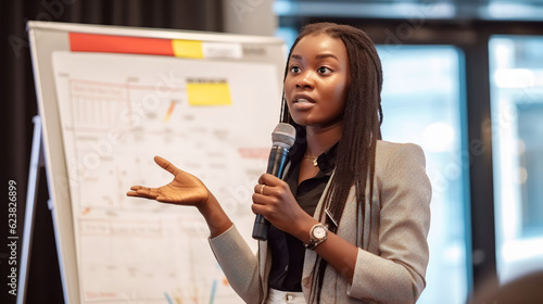 Black entrepreneur pitching at a business conference photo