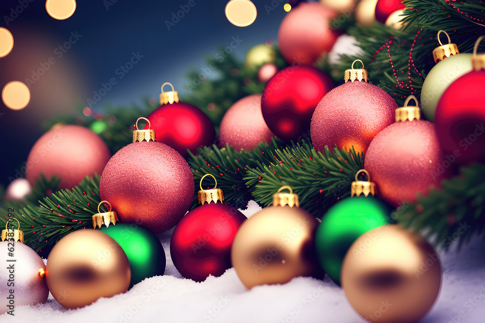 Christmas background with spruce branches decorated with Christmas baubles, snowflakes, and lights. Christmas background with spruce branches decorated with Christmas baubles, snowflakes, and lights.