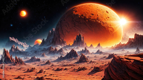 Landscape of an alien planet, beautiful view of red desert on another planet, fictional sci-fi background.