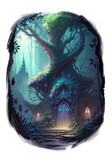 House of Woodland Elf, Dark magic night elves house-tree digital illustration isolated with a transparent background, fairytale forest witchcraft design created with Generative AI.