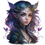 Portrait of Woodland Elf with purple hair and leaves, Dark magic night elves digital illustration isolated with a transparent background, fairytale forest witchcraft design created with Generative AI.