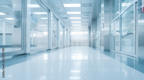 empty business corridor or shopping mall. Medical and hospital corridor defocused background with modern laboratory with generative ai