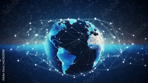 Global Background, Connection lines around Earth globe, futuristic technology theme background with circles and lines. Concept of internet, social media, traveling or logistics with generative ai