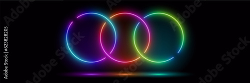 3d render, blue neon round frame, circle, ring shape, empty space, ultraviolet light, 80's retro style, fashion show stage, abstract background, illuminate frame design. Abstract cosmic vibrant circle